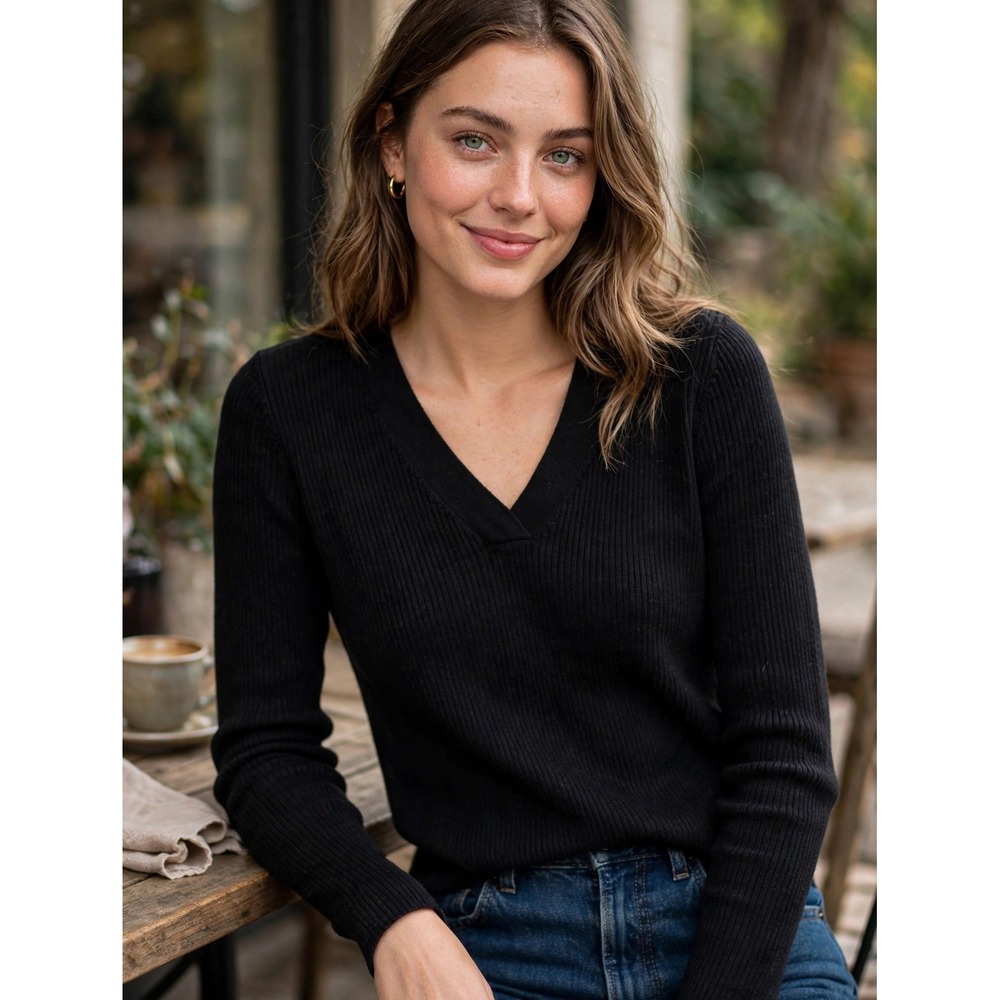 Maeve by Anthropologie Black Ribbed V-Neck Long Sleeve Sweater XS OB1243812